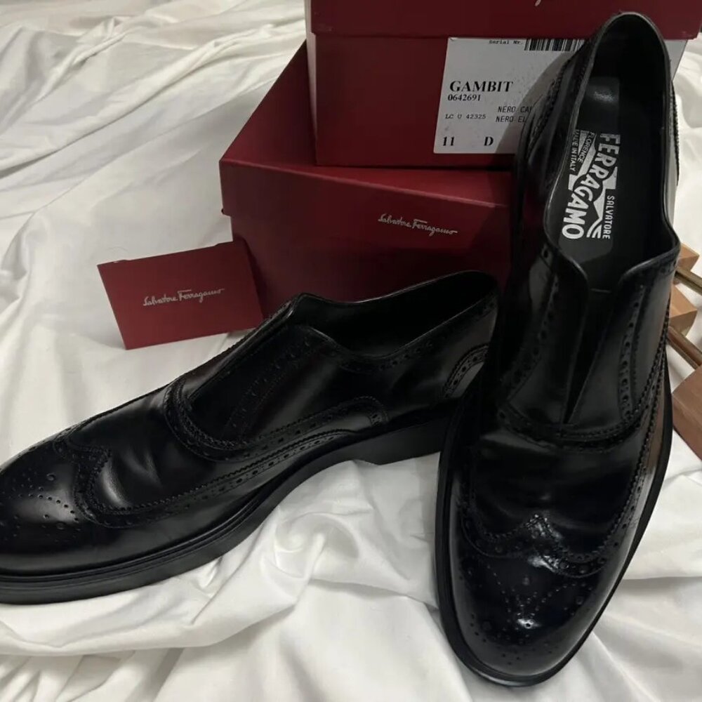 Salvatore Ferragamo  Gambit Black Calf Slip-on Brogue  Men's US 11 / EU 44